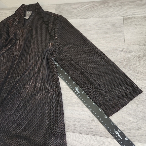 Chico's Black Metalic Copper Cardigan 1 Asymetrical‎ Waterfall Net Mesh Two Tone - Picture 7 of 10